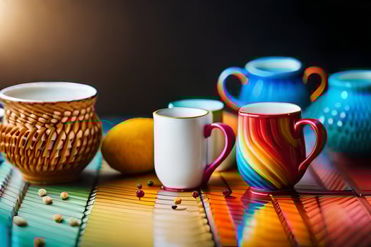 colorful coffee mugs and other items on a table. AI-Generated photo