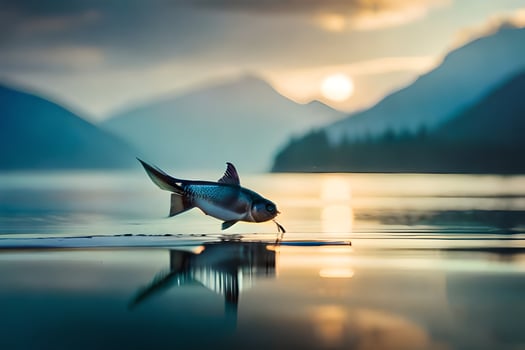 a fish is jumping out of the water at sunset. AI-Generated photo