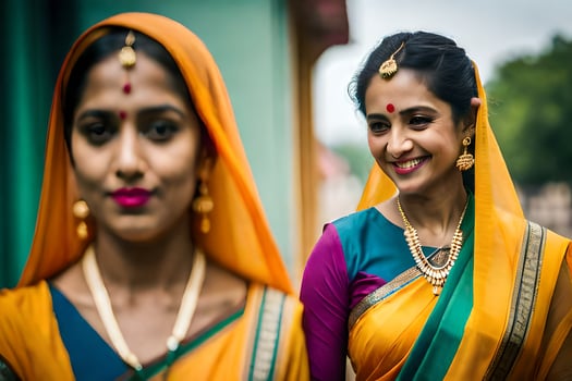 two women in colorful saris smiling. AI-Generated photo