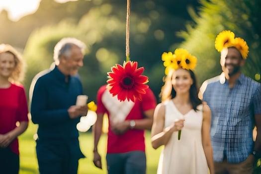 a group of people standing in a field with sunflowers. AI-Generated photo