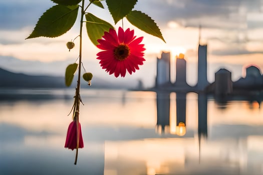 a flower is hanging from a branch over a body of water. AI-Generated photo