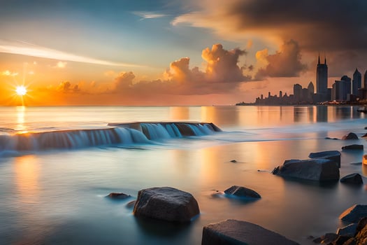 the sun sets over the chicago skyline and water. AI-Generated photo