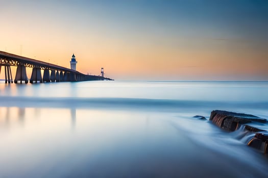 a long exposure photograph of a lighthouse on the ocean. AI-Generated photo