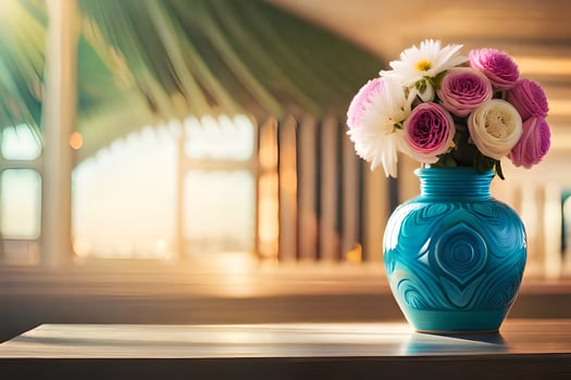 a blue vase with pink and white flowers on a table. AI-Generated photo
