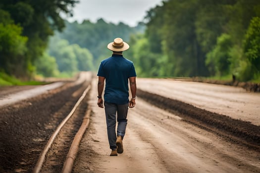 a man in a hat walks down a dirt road. AI-Generated photo