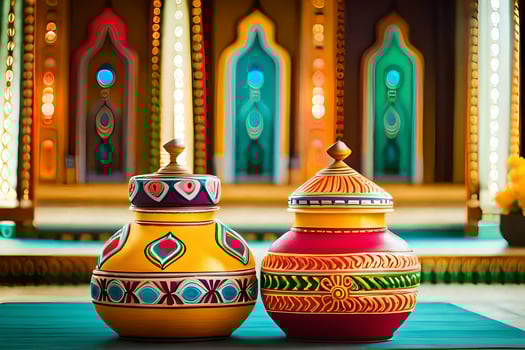 two colorful vases on a table in front of a colorful background. AI-Generated photo