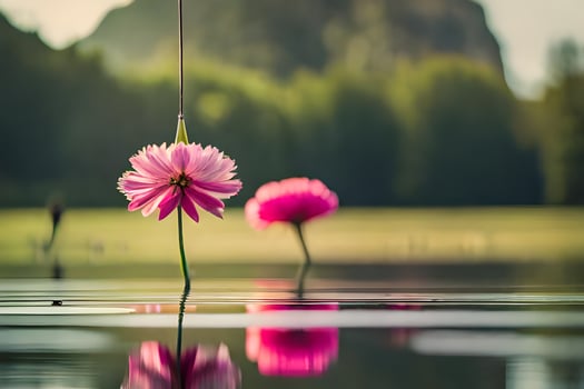 two pink flowers are floating in the water. AI-Generated photo