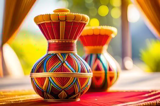 two colorful vases sitting on a table. AI-Generated photo