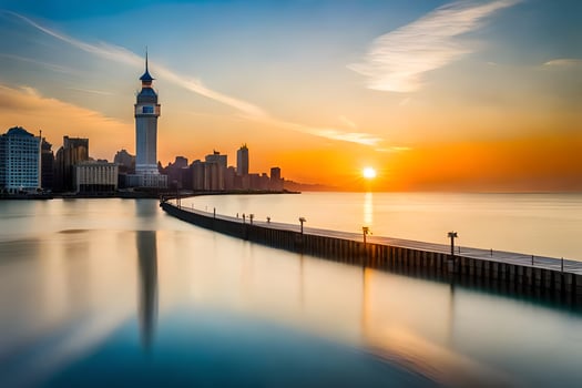 the sun rises over the city skyline in this photo. AI-Generated photo