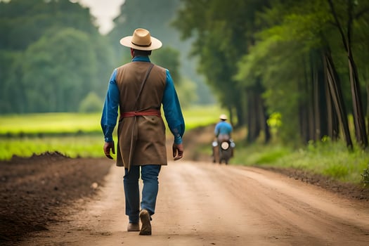 a man in a cowboy hat walking down a dirt road. AI-Generated photo