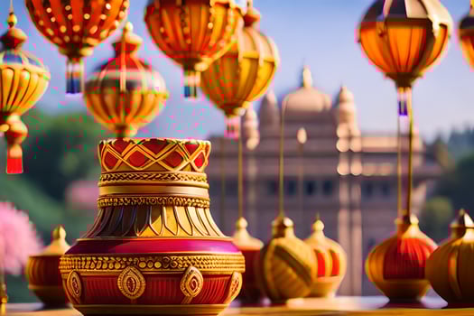 a vase with many colorful lanterns hanging from it. AI-Generated photo