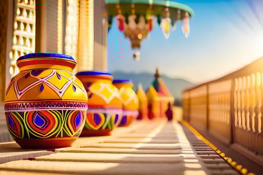 colorful pots on a balcony. AI-Generated photo
