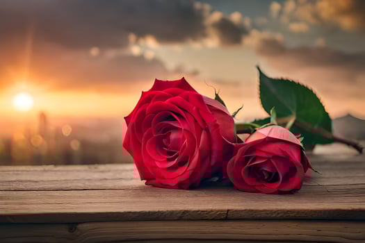 two red roses on a wooden table with the sun setting behind them. AI-Generated photo