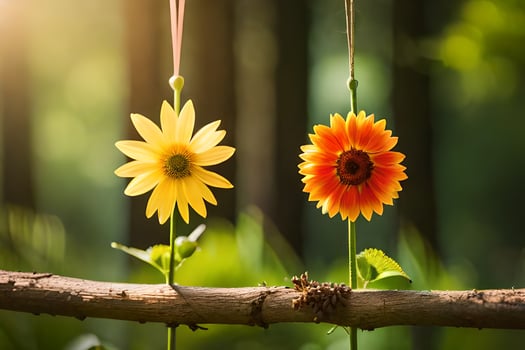 two sunflowers hanging from a branch in the sun. AI-Generated photo