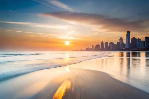 the sun rises over the city skyline in chicago. AI-Generated photo