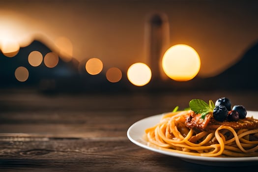 spaghetti with blueberries and tomato sauce on a plate. AI-Generated photo
