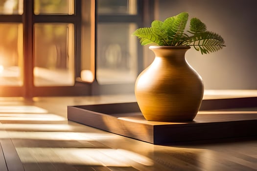 a vase with a fern plant on a wooden table. AI-Generated photo