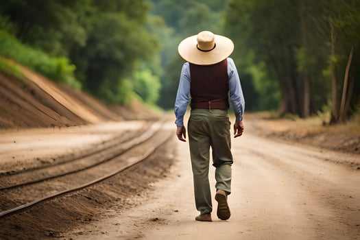 a man in a hat walks down a dirt road. AI-Generated photo