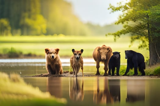 four bears and a dog standing next to a river. AI-Generated photo
