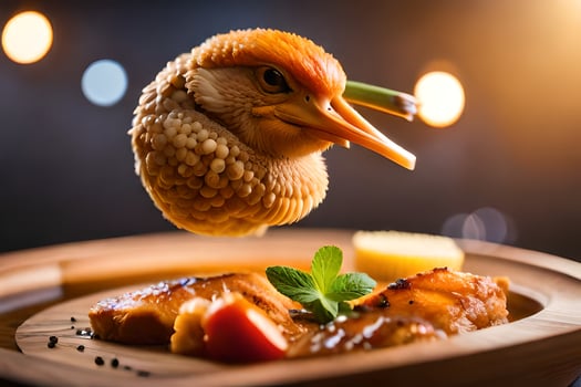 a bird is flying over a plate of food. AI-Generated photo