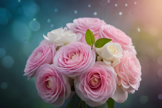 pink roses are in a vase with green leaves. AI-Generated photo