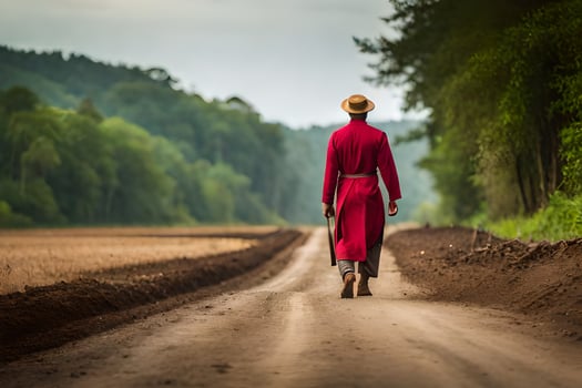a man in a red coat walks down a dirt road. AI-Generated photo