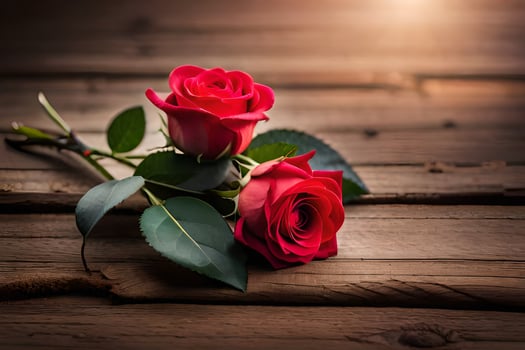two red roses on a wooden table. AI-Generated photo