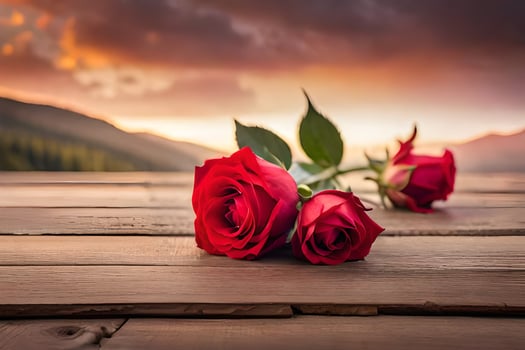 two red roses on a wooden table with a sunset in the background. AI-Generated photo