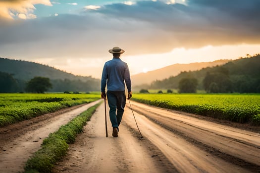 a man walking on a dirt road with a cane. AI-Generated photo