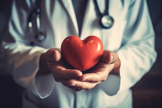 Doctor holding red heart in hands. Generative AI photo