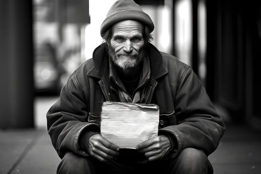 Homeless Showing Seeking Human Kindness Sign On Cardboard. Generative AI photo