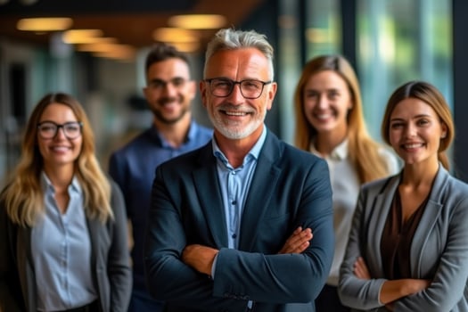 Leader or manager looking happy face portrait of ambitious corporate men and women. Generative AI photo