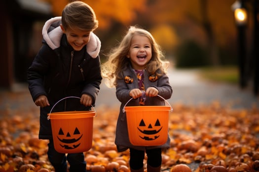 Children Trick Or Treating with JackOLantern Candy Buckets on Halloween photo