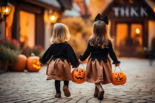 Children Trick Or Treating with JackOLantern Candy Buckets on Halloween photo