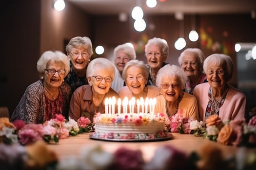 Senior women and friends candles on birthday cake for a celebration. Generative AI photo