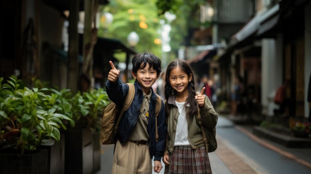 Indonesian kids show running index finger, traditional gesture. Happy asian little boy and girl showing thumbs up in the street. photo