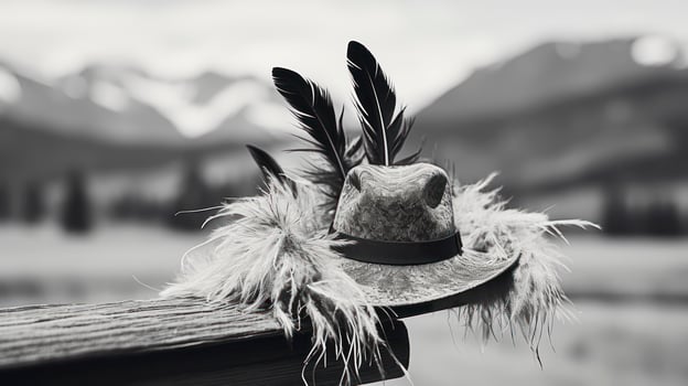 Handmade Charm. Feathered Hat Adorning a Wooden Fence with Mountain Views. Generative AI photo