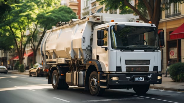 Urban Duty. A white garbage truck in a city. Generative AI photo