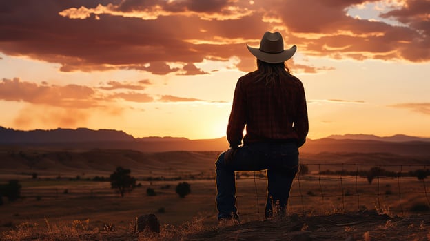 Silhouetted Serenity. A Cowboy and the Fading Sun. Generative AI photo