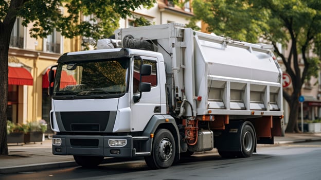 A White Garbage Truck at Work. Generative AI photo