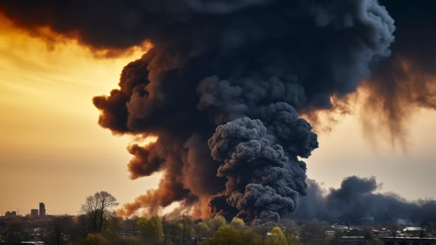 War's Ominous Shadow - Thick black smoke covers the sky. Generative AI photo