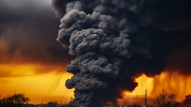 Thick Black Smoke Veils the Sky, Marking the Turmoil of War Below. Generative AI photo