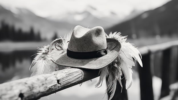 Rustic Elegance - Hat with feathers handmade on a wooden fence in the winter on the background of the mountains. Black and white photo. Generative AI photo