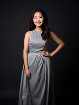 Smiling young woman of Asian descent dressed in elegant dress AI Generative photo