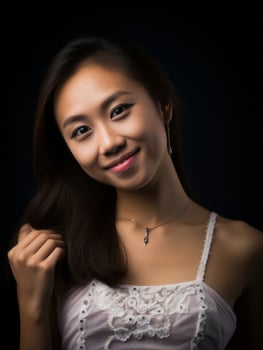 Smiling young woman of Asian descent dressed in elegant dress AI Generative photo