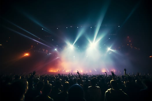 Crowds darkened figures at a concert, facing the vibrant stage AI Generated photo