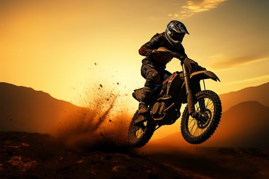 Front wheel lifted, motocross silhouette embodies adventure and daring action AI Generated photo