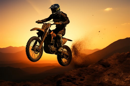Front wheel lifted, motocross silhouette embodies adventure and daring action AI Generated photo