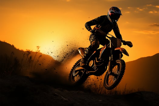 Adrenaline pumping motocross Silhouette with front wheel lifted, action packed adventure AI Generated photo
