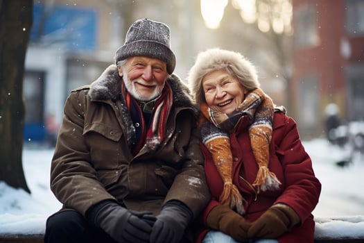 Happy elderly couple with  in winter outdoors Generative AI photo